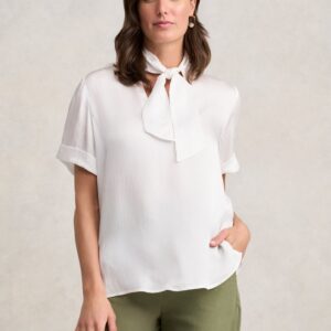 Textured Neck Tie Blouse - White