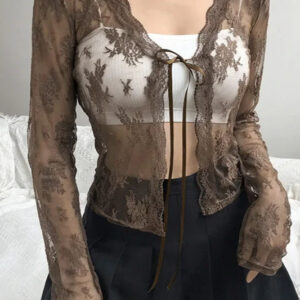 Lace Tie Front Sheer Crop Cardigan