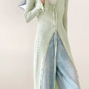 Lightweight Light Green V-Neck Bell-Sleeve Lace-Up Midi Knit Cardigan