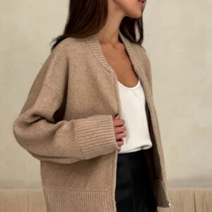 Pleated Knit O Neck Zipper Cardigan