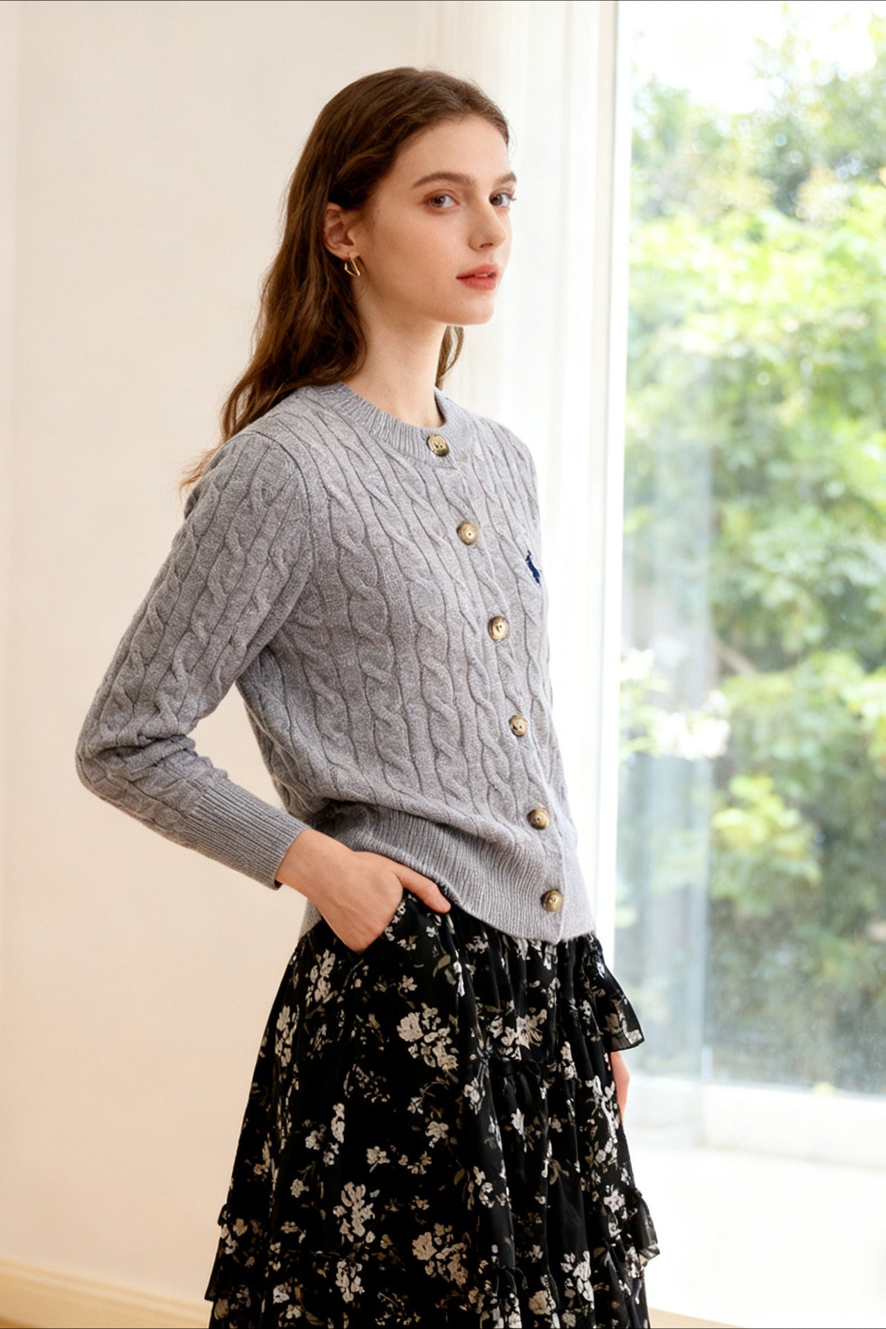 Embroidered Cable Wool Cardigan